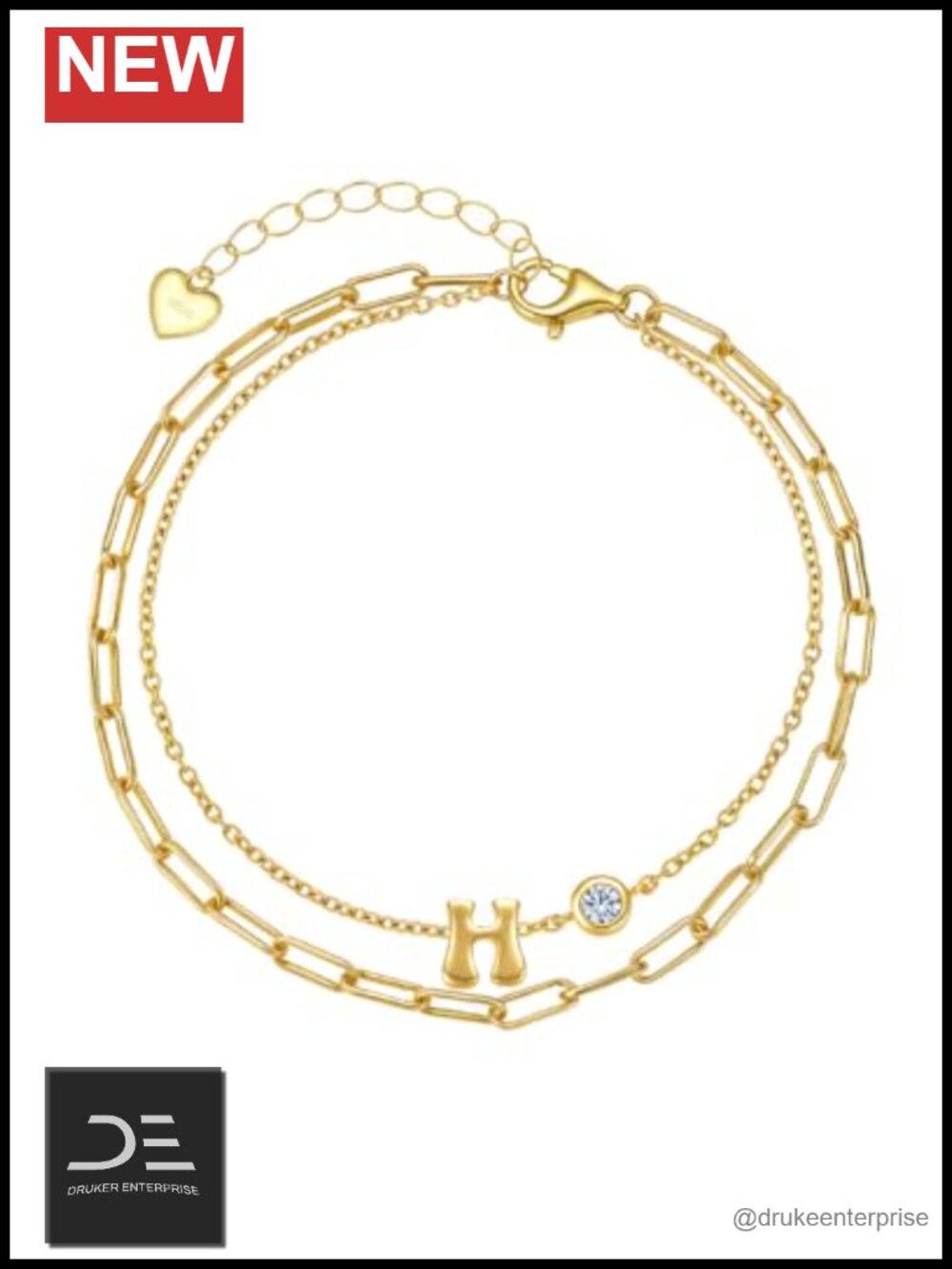 Initial Bracelet for Women, Solid 925 Sterling Silver 14K Gold Plated Dainty